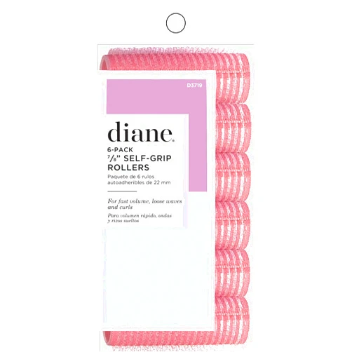Diane 7/8-Inch Self-Grip Hair Rollers for Soft Curls, Root Lift, Bangs, Lightweight and Reusable, Ideal for All Hair Types and Easy Styling, Pink, 6 Count