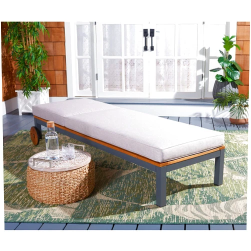 SAFAVIEH PAT7728B Outdoor Collection Jackman Light Grey Cushion Chair with Wheels Chaise Lounge