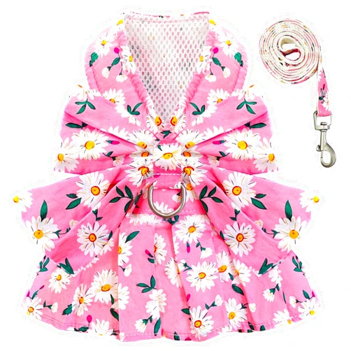 BAEJMJK Dog Dress Bowknot Harness Leash Set for Small Dogs Cats Daisy Floral Girl Dog Dresses Cute Puppy Princess Clothes Pet Doggy Outfits Spring Summer Breathable Dresses(Pink,X-Small)