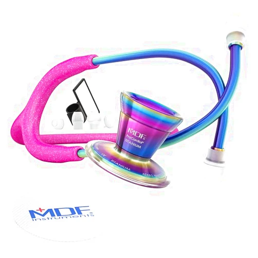 MDF Instruments Pink Glitter Kaleidoscope ProCardial Cardiology Stethoscope, Lightweight Titanium, Adult, Dual Head, Pink Glitter Tube, Kaleidoscope Chestpiece-Headset, MDF797TGL32KL