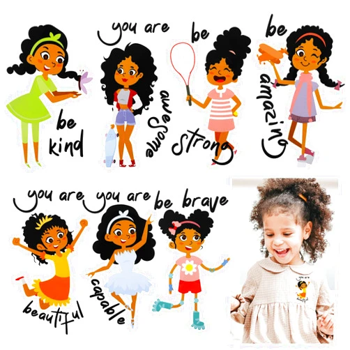 Zonon 7 Pieces Black Girl Iron on Patches Washable Heat Transfer Decals Heat Transfer Sticker Mixed Iron on Heat Transfers Patches for DIY T-Shirt Clothing Coat Jeans Backpacks (Cute Style)