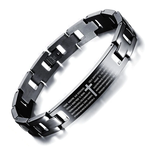 TEMICO Men's Spanish/English Bible Lords Prayer Cross Bracelet Stainless Steel Link Chain Bracelet Black