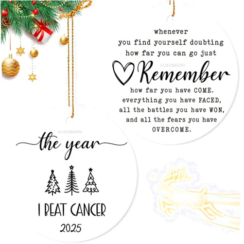 4LIEUBASMI The Year I Beat Cancer Ornament 2025, Double-Sided Print Christmas Ceramic Ornament For Cancer Survivor - Breast Cancer Survivor Gifts, Cancer Free Gifts, Cancer Survivor Gifts For Woman, Man, Him, Her
