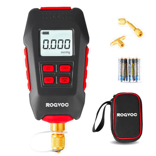 Rogvoc Digital Vacuum Gauge, HVAC Micron Vacuum Gauge Tester with 4 Units 7/16 inch-20 UNF, Digital Vacuum Micron Meter Set with Buzzer Alarm, 1/4 inch SAE Extension Connector Fitting