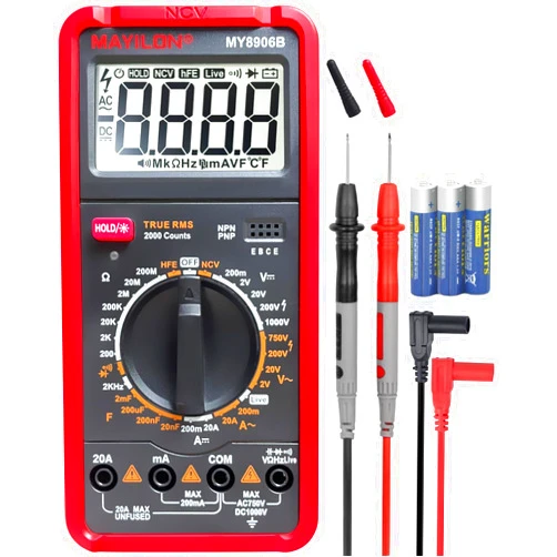 MAYILON MY8906B Multimeter Tester TRMS Digital Multimeter 750V-1000V Measures DC/AC Voltage DC/AC Current Resistance Continuity Diodes Frequency Transistor HEF NCV Live Wire Detection