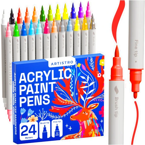 ARTISTRO Acrylic Paint Pens, Art Set Acrylic Paint Markers Dual Tip, Acrylic Markers for Fabric, Canvas, Rock, Glass, Wood, Paper, DIY, Paint Markers, Multicolor (Dual Tip Brush + Fine, 24)
