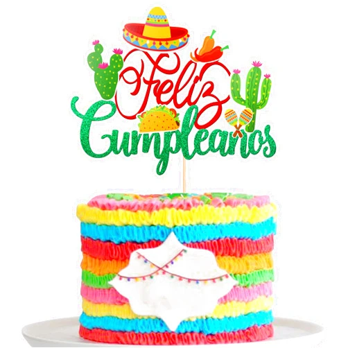 ZHUOWEISM 1 PCS Spanish Feliz Cumpleanos Cake Topper Glitter Sombrero Cactus Mexican Fiesta Happy Birthday Cake Pick for Mexican Fiesta Theme Baby Shower Birthday Party Cake Decorations Supplies