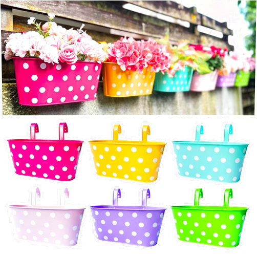 LáLáGreen LaLaGreen Rail Planter for Deck Railing (6 Pack, 11.2 Inch) Multicolor Metal Iron Hanging Flower Pots, Polka Dot and Strawberry Fence Garden Wall Mount Window Box Plant Holder with Hooks Porch Decor