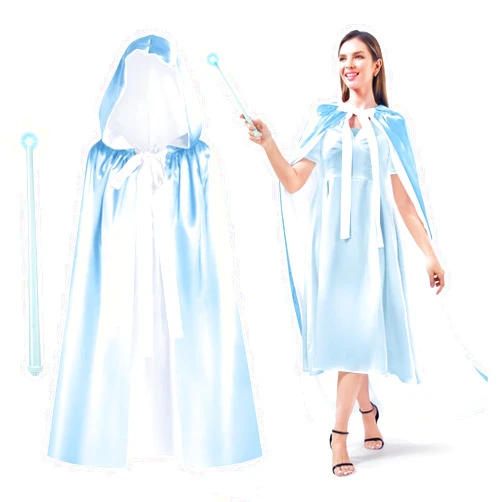 Haysandy Blue Fairy Hooded Cloak Costume and Magic Wand, Polyester Cape Cosplay Cloak Princess Costume for Women