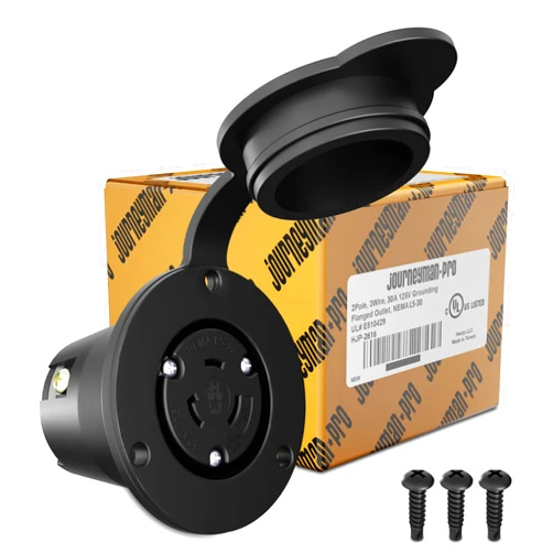 Journeyman-Pro HJP-2616, NEMA L5-30R Flanged Outlet, 30 AMP 110/125 Volt, Locking Receptacle Socket, Black Industrial Grade, Grounding 3750 Watts (w/Front Cover)