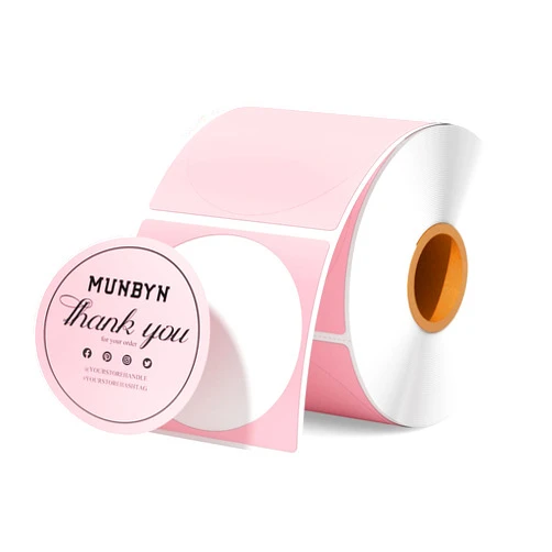 MUNBYN 2 Inch Pink Circle Thermal Sticker Labels, Self-Adhesive Round Direct Thermal Labels for Logo Design, QR Code, 750 Sheets/1 Roll