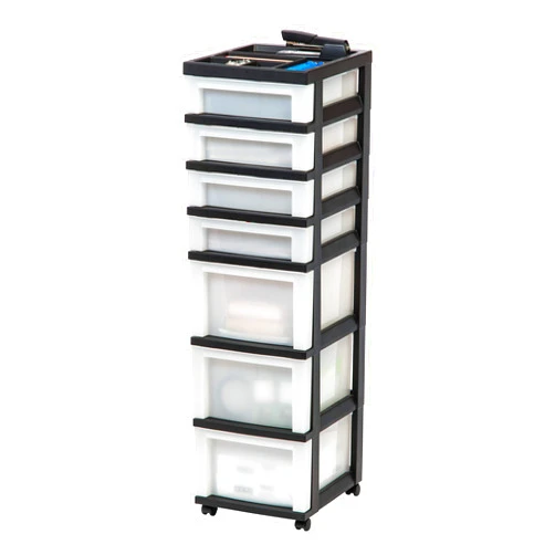 IRIS USA Plastic Drawer Storage Organizer Rolling Cart, with Wheels Casters, 7-Drawers, for Classroom Art Craft Supplies Dresser Closet Bathroom Laundry Room, Black/Pearl