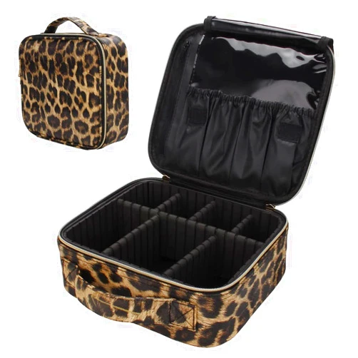 Uongeod Travel Makeup Bag Leopard Print PU Leather Cosmetic Makeup Bag Organizer case with Adjustable Dividers for Women