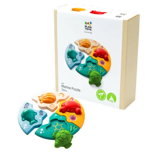 PlanToys® Marine Puzzle Wooden Montessori Ocean Animal Problem Solving Toy | Tactile, Imagination and Early Learning Activity | Eco Friendly Educational Sea Life Puzzle Set