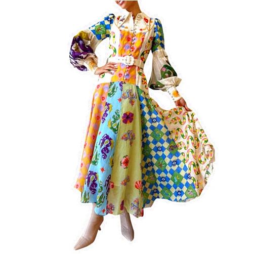 FONMA Women Cute Print Maxi Dress Loose Long Sleeve Boho Dress Flowy Graffiti Long Aline Wedding Guest Dress