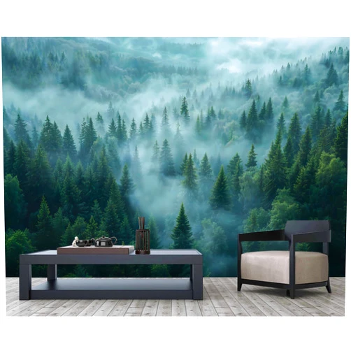HLNIUC Foggy Forest Mural Wallpaper, Misty Woodland Wall Mural, Dark Green Pine Trees Mural, Natural Landscape Wallpaper for Bedroom, Living Room, Bathroom - 161