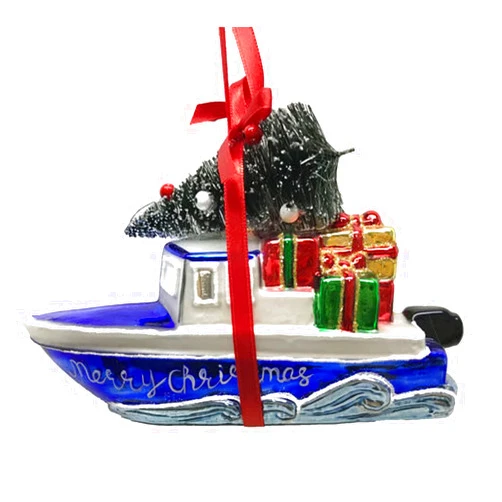 December Diamonds 79-05228 Blown Glass Christmas Boat Ornament with a Tree 6 Inches