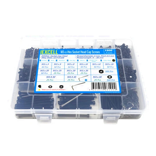 iexcell 1500 Pcs M3 x 4/6/8/10/12/16/20/25/30/35/40/45/50 Alloy Steel 12.9 Grade Hex Socket Head Cap Screws Bolts Nuts Washers Assortment Kit, Black Oxide Finish