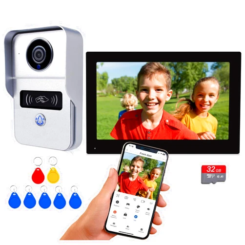 AMOCAM WiFi Video Intercom System, Video Doorbell with Monitor Kits, Wired 1080P HD Doorbell Camera, Wireless WiFi 7 Inch Monitor with 32G Card, Record, Tuya Remote / ID Keyfobs Unlock for Home Apartment
