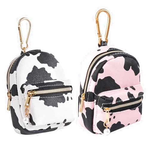 QeenRTUU Printed Cow Pattern Coin Purse Pouch Real Littles Backpack Mini Backpack Style Key Chain Coin Purse for Women Small Wallets Purse Keychain Coin Pouch Bags (White and Pink)