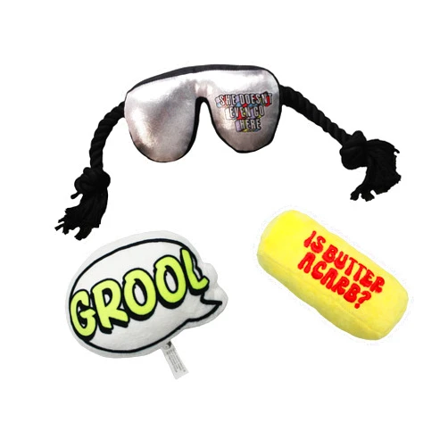 Design LAB, Inc. Official Mean Girls Merchandise | Dog Toys Variety 3-Pack Indoor Toy Bundle for Dogs | Catchphrase Bundle with Squeaky Grool Text Bubble, Stuffed Butter Stick and Chew Rope Sunglasses