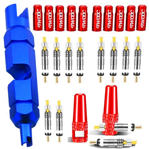 Aracey 10Pieces Presta Valve Core,12Pieces Alloy Presta Valve Caps with Alloy Valve Core Remover Tool for Tubeless Road MTB Bike, Stan's, Vittoria, Continental, Kenda and More