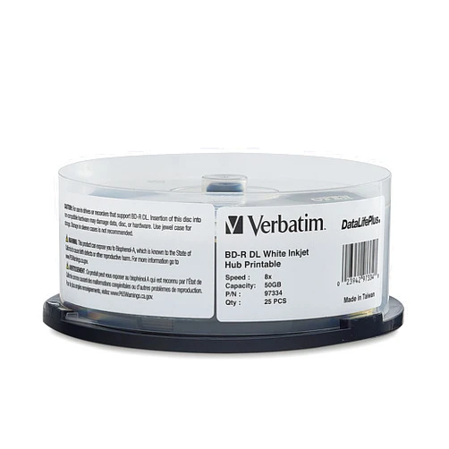 Verbatim BD-R DL 50GB 8X Blu-ray Recordable Media Disc DataLifePlus White Inkjet Hub Printable - 25pk Spindle - 97334