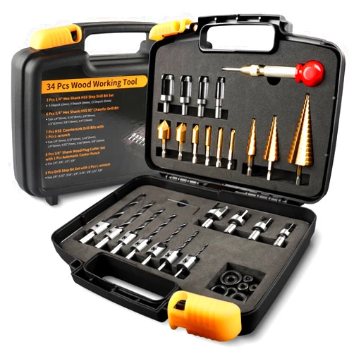 ZORUNNA 34 Pcs Woodworking Chamfer Drilling Tools Including 6 Countersink Drill Bit Set, 7 Countersink Drill Bit, 8 Plug Cutters for Woodworking, 3 Step Drill Bit and 8 Drill Stop Bit Collar Set.