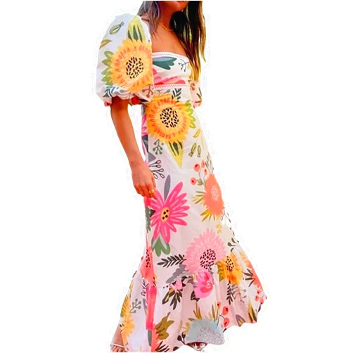 Generic Women's Floral Dress Summer Flower Printed Maxi Dress High Waisted Short Sleeve Square Collar Holiday Dresses