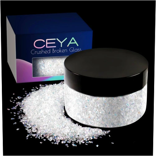 Ceya 5.3oz/ 150g Crushed Irregular Glass Colorful White Crystal Chips Broken Glass Glitter 2-4mm Craft Glitter for Nail Arts Epoxy Resin Mold Coasters Ornament Painting Geode Phone Case Jewelry Making
