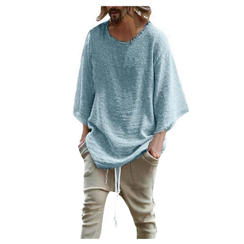 LEIYAN Mens Novelty Cotton Linen T-Shirts Casual 3/4 Sleeve Loose Comfy Beach Hippie Henley Shirts Tops Blue Medium