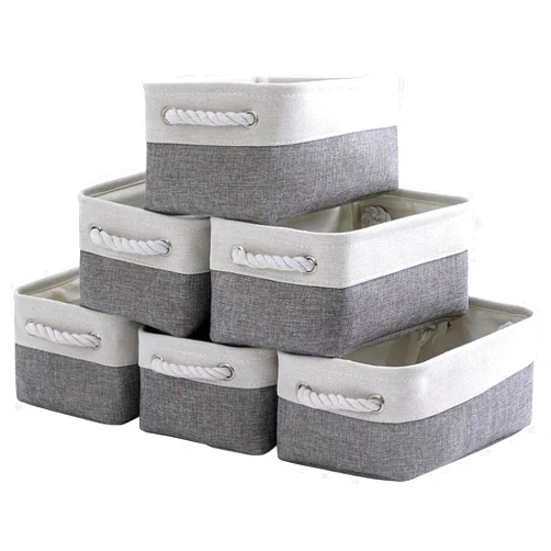 TcaFmac Small Storage Baskets for Shelf 6 Pack Canvas Storage Basket with Handles Fabric Storage Basket for Organizing Storage Bin (White and Grey, 12x8x5