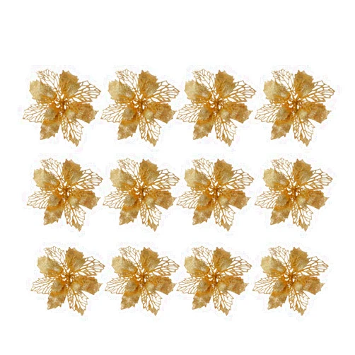 TOYANDONA 12 Pcs Glitter Poinsettia Christmas Tree Ornaments Hollow Artificial Flowers Xmas Tree Hanging Pendant Christmas Decorations Flower(Golden)