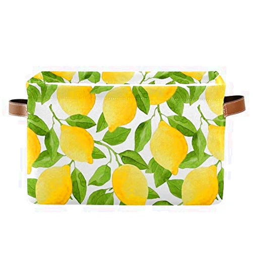 AUUXVA SEULIFE Watercolor Lemon Tree Leaves Foldable Storage Basket, Large Collapsible Organizer Storage Bin Cube Toys Storage Boxes with Handles for Bathroom Kids Nursery Closet Storage, 2 Pack