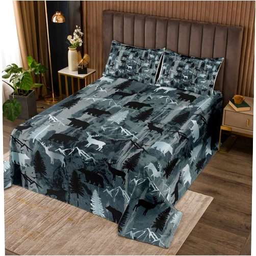 Erosebridal Rustic Farmhouse Bedspread Queen Bear Moose Deer Quilt Set for Cabin Lodge,Mountain Pine Tree Country Coverlet Set Woodland Animal Quilted Home Room Decor Retro Black Grey Blue 3 Pcs