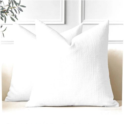 OTOSTAR Pack of 2 Throw Pillow Covers 18x18 Inch Linen White Pillowcases Farmhouse Decorative Solid Pillow Covers 45x45 cm Square Cushion Case for Home Decor Sofa Couch Bed (White)
