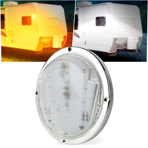 POVTOR LED RV Exterior Light,8.5 Inch Round Scare Porch Light with 100pcs Dual Color Leds Flood Awning Light Replacement kit Surface Mount Fixture for RV Trailer Fifth Wheel Camper Bus