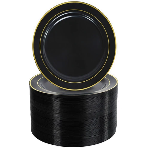 Lot45 Plastic, 100pk - 10.25 Inch Black Disposable Plates with Gold Trim - Round, Dinnerware, New Year Black and Gold Plates