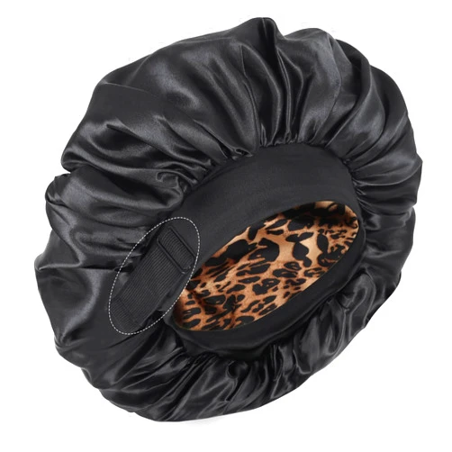 XRACEPHOL Silk Bonnet for Sleeping Double Layer Satin Bonnet Adjustable Bonnets for Black Women Sleep Cap Reversible Hair Bonnet for Curly Hair (Black and Leopard)