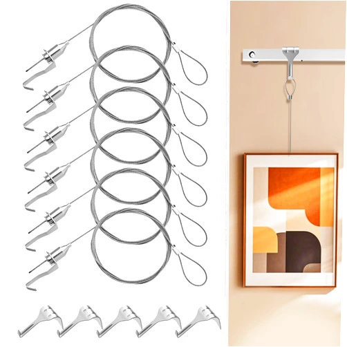 TagRecove Picture Hanging Kit, 6 Pcs Picture Rail Hanging System, Picture Hanging Hooks and Wire, 79 Inch, Maximum Load 66lb, Adjustable Stainless Steel Picture Hanger Kit