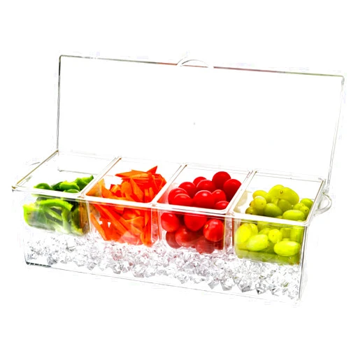Jucoan Large Ice Chilled Condiment Server with Lid and 4 Removable Compartment, Clear Plastic Condiment Server Caddy Tray on Iced, Party Garnish Holder Tray for Mimosa Taco Salad Bar