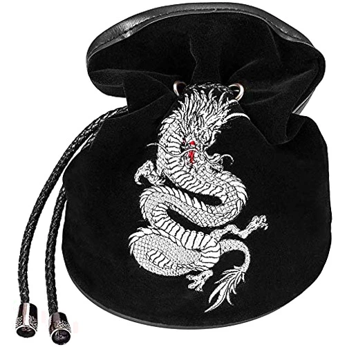 Rogues & Knaves DND Dice Bag with Platinum Dragon. Large Dice Bags Ideal for RPGs (Black).