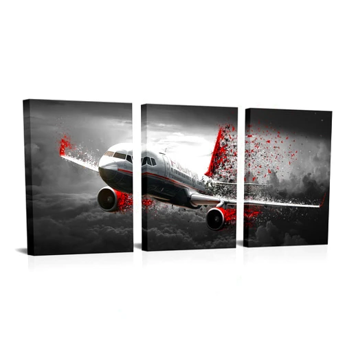 Biuteawal Airplane Canvas Wall Art Aircraft Flying in the Air Painting Prints Black Red Wing Breakage Pictures Plane Artwork Home Office Airport Framed Decor