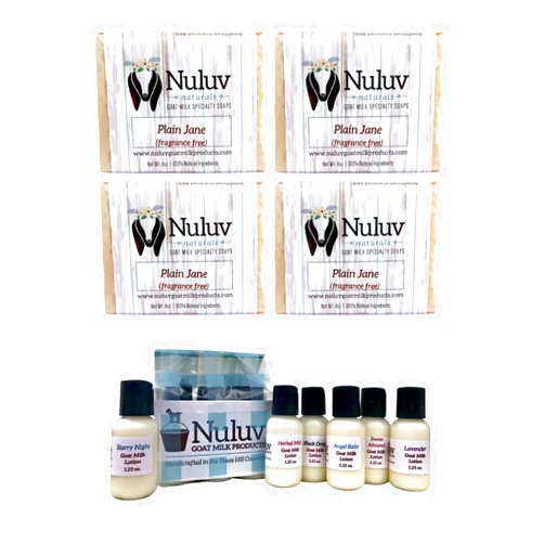 NULUV Goat Milk Products Travel Size Body Lotions and Full Size Plain Jane Unscented Bar Soap, Cruelty-Free, Paraben-Free for All Skin Types