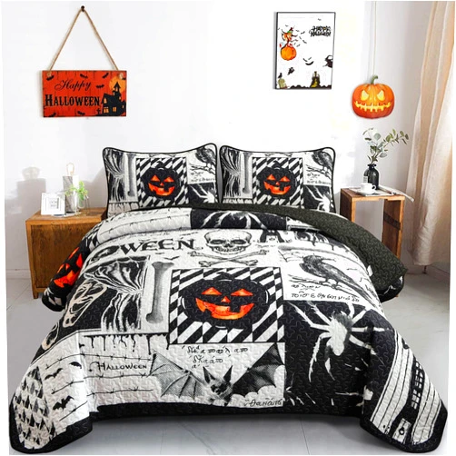 Luxudecor Halloween Quilt Set Queen Size, Black Bedspread Pumpkin Ghost Festival Themed Bedding Set, Lightweight Bed Cover for Bedroom Home Decoration (Black, 96