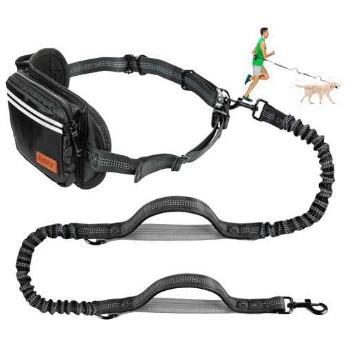 Kytely Hands Free Dog Leash with Zipper Pouch, Wide Padded Waist Dog Running Leash, Dual Padded Handles, Retractable Bungee for Walking Jogging Training Hiking