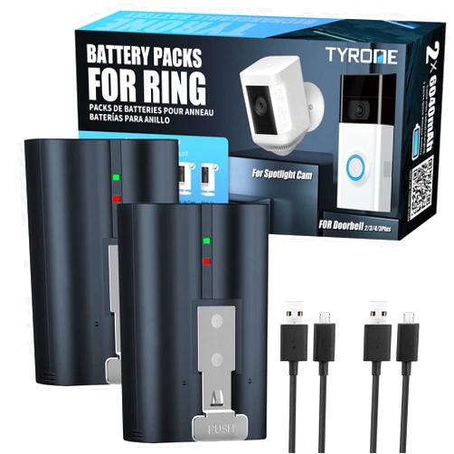tyrone 2 Pack Rechargeable Camera Battery Compatible Ring, Replacement Doorbell Batteries for Ring Video Doorbell 2/3/4, Video Doorbell 3 Plus, Stick Up Cam (2nd & 3rd Gen) and Spotlight Cam