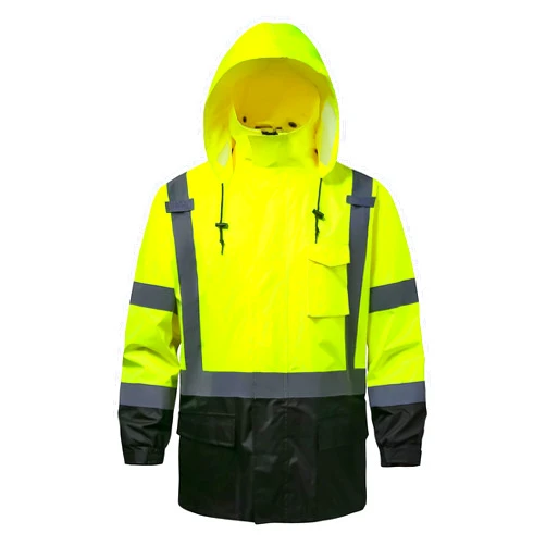 DPSAFETY Reflective Rain jackets for men waterproof,Hi Vis Safety Coat With Reflective Strips，High Visibility Class 3 Rain jackets With 2 large pockets，Zipper,Black Bottom Lime,SM/MD