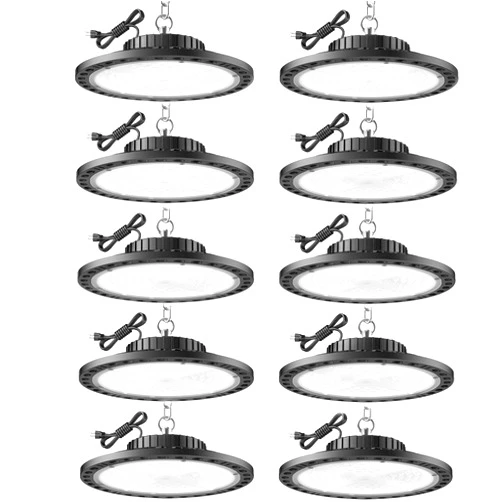 ISKYDRAW UFO LED High Bay Light 100W 15000LM, 10 Pack High Bay LED Shop Lights with 6.56ft US Plug, 6500K Daylight UFO Commercial Bay Lighting Industrial Light IP65 for Warehouse Barn Garage Factory