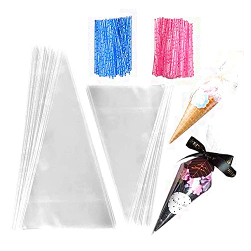 XIPEGPA 200pcs Clear Cellophane Bags Cone 2 Sizes for Treat Bags for Popcorn Candy Bags Triangle Plastic Party Gift Bags with 200 PCS Twist Ties 2 Mix Colors Ties and 2 Colour Ribbons